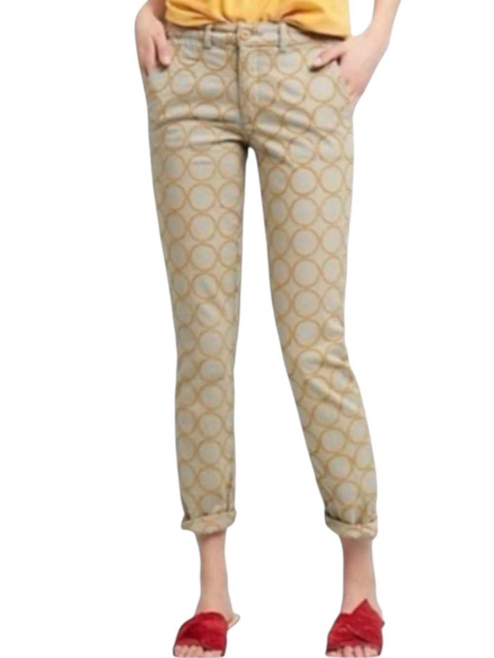 ANTHROPOLOGIE Chino Embroidered Circles Relaxed Fit Pants Tan/Blue/Gold Size 27